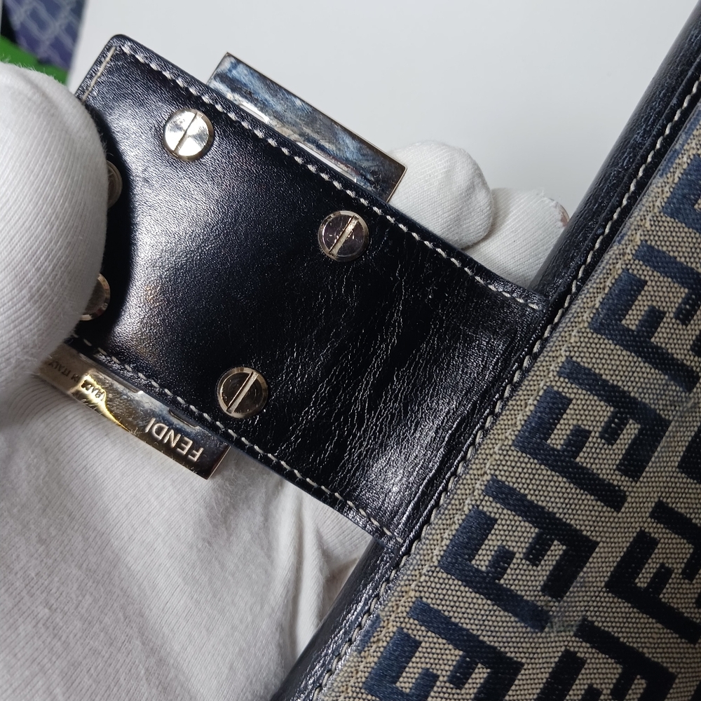 FENDI Zucchino canvas long wallet with button snap silver brass logo navy Blue - Picture 14 of 16